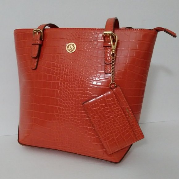 Anne Klein Orange Crocodile Embossed Tote Bag - Picture 12 of 16